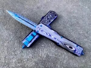 zinkhandtag Microtech Dalong blå titan OTF-kniv