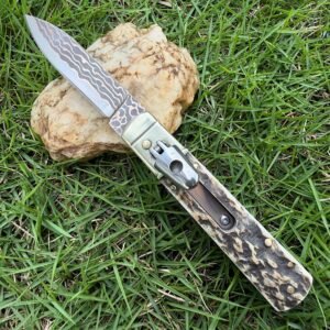 AKC Classic runt handtag kopparinlägg damaskus sidöppnande automatkniv