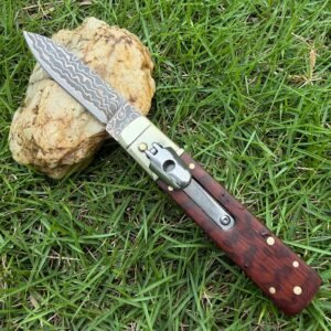 AKC Classic runt handtag kopparinlägg damaskus sidöppnande automatkniv