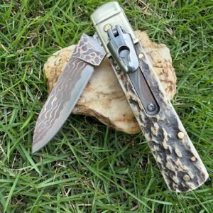 AKC Classic runt handtag kopparinlägg damaskus sidöppnande automatkniv