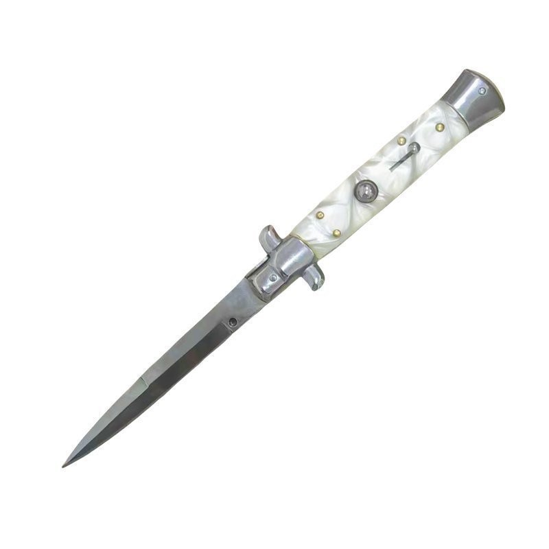 20241115162701.jpg 9 Inch italienska Stiletto Knife - Pearl White Handle Switchblade