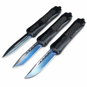 (F396) fjäril 3300 rak blå titan dubbelspets OTF-kniv