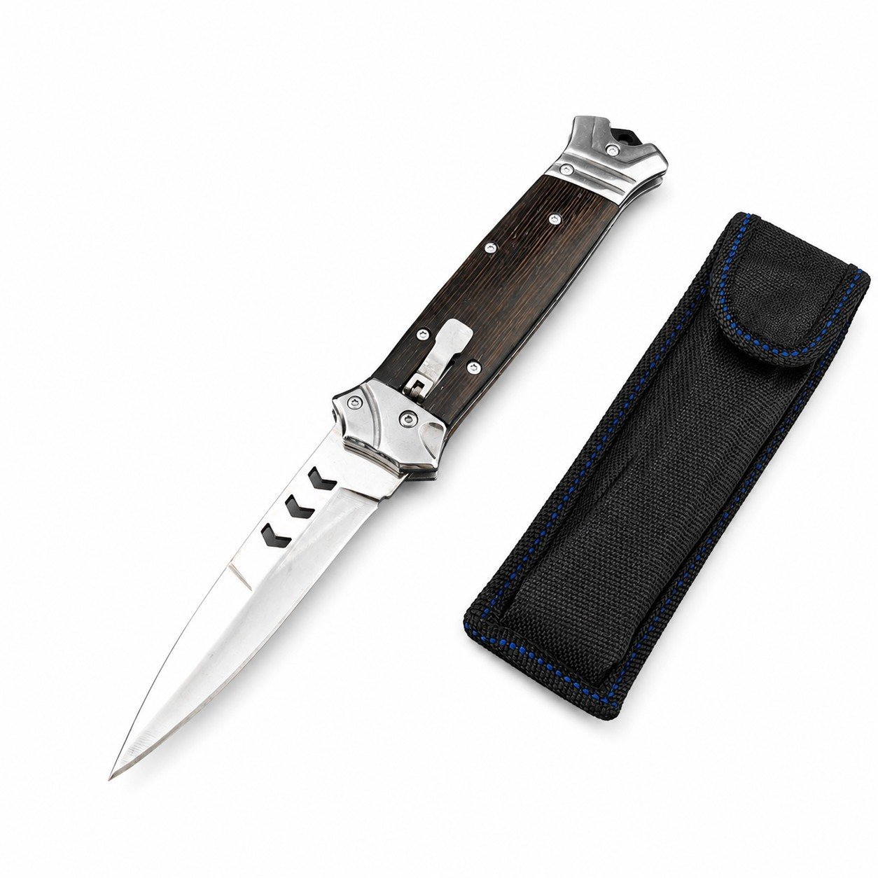 49779-main-white-clean.jpg Ny version av hoppande fisk, sidöppnande, med brunt handtag eller kycklingvinge-trähandtag automatkniv