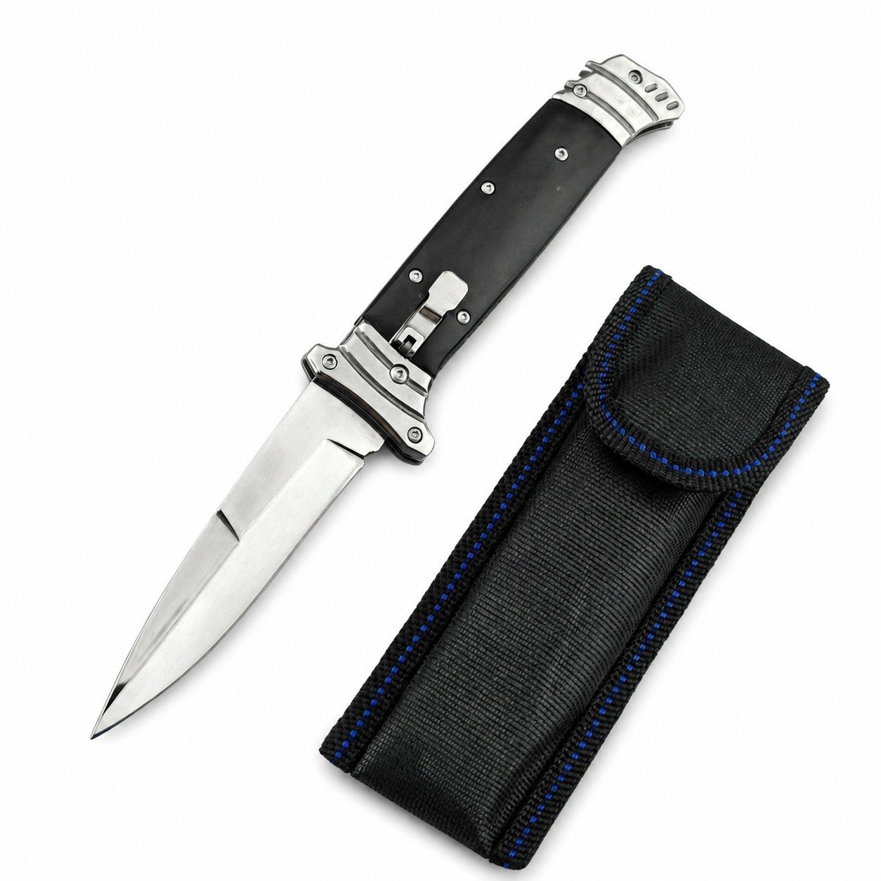 49785-main-white-clean.jpg Ny version av hoppande fisk med svart handtag, sidöppnande automatkniv