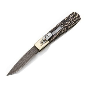 klassisk runt handtag kopparinlägg damaskus sidöppnande automatkniv